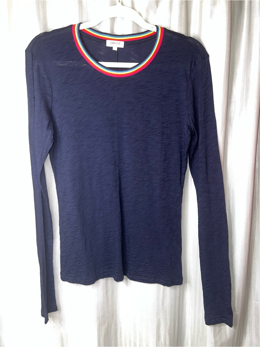 Goldie 100% Pima cotton Navy Tee with Rainbow Rib Trim size Medium